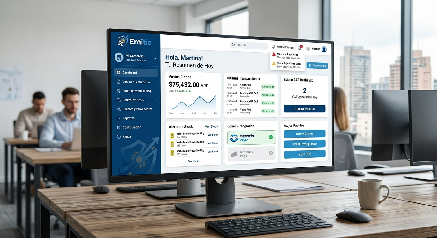 EMITIA — Dashboard operativo con POS, facturación AFIP y stock